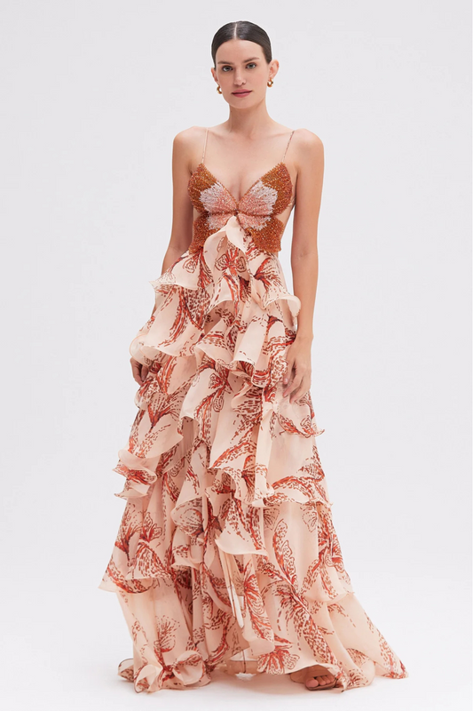Vestido Largo Volantes Coral